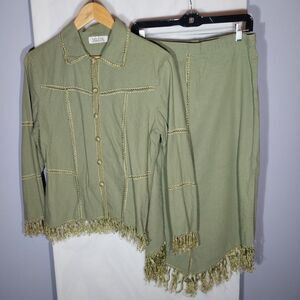 Vtg Womens Fringe Skirt Set M Sage Green Linen Rayon Prairie Western Festival